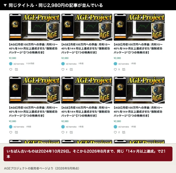 同じタイトルと同じ2,980円のAGEプロジェクトの記事が9本並んだ販売者の一覧ページ