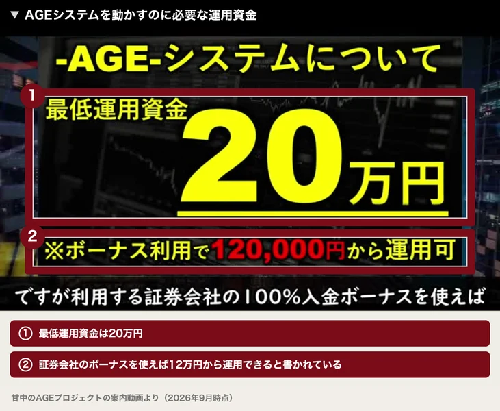最低運用資金20万円、ボーナス利用で12万円から運用可と書かれた動画の画面。注釈が焼き込まれている