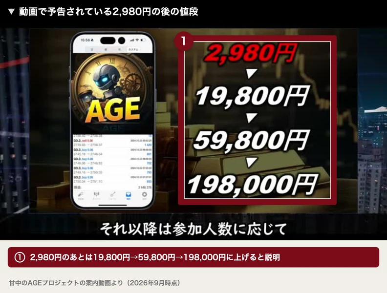 2,980円、19,800円、59,800円、198,000円と値段が並んだ動画の画面。注釈が焼き込まれている