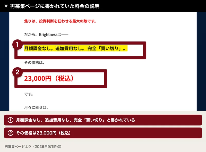 月額課金なし、追加費用なし、完全「買い切り」と書かれ、その価格は23,000円(税込)と表示された申し込みページ