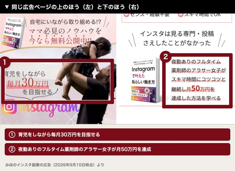 同じ広告ページの上のほうに「育児をしながら毎月30万円を目指せる」、下のほうに「夜勤ありのフルタイム薬剤師のアラサー女子が月50万円を達成」と書かれている