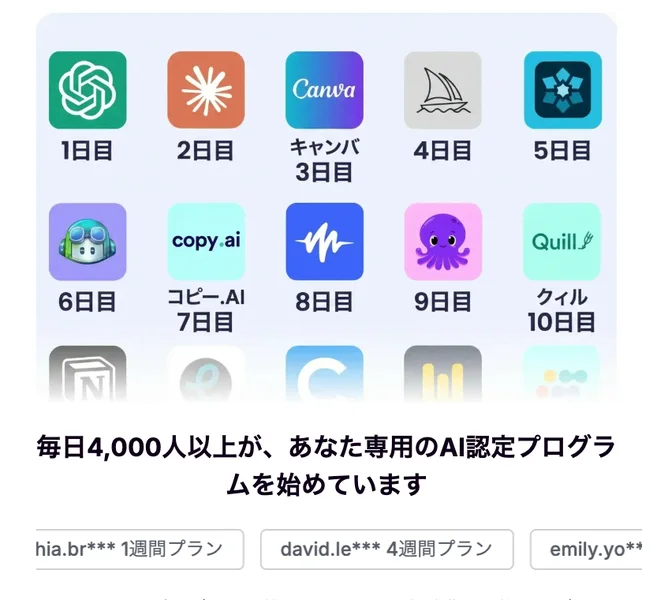 1日目からChatGPT、Canva、copy.ai、Quillなどのツール名が日付ごとに並ぶ28日間のカリキュラム