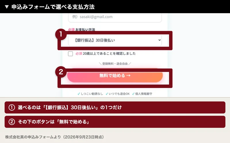 支払方法の選択肢が「【銀行振込】30日後払い」の1つだけで、その下のボタンには無料で始めると書かれている株式会社英の申込みフォーム