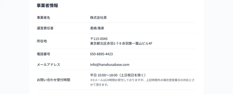 事業者名 株式会社英、運営責任者 君嶋隆寿、所在地 東京都北区赤羽1-7-9 赤羽第一葉山ビル4F、電話番号050-8895-4423が並ぶ特定商取引法に基づく表記