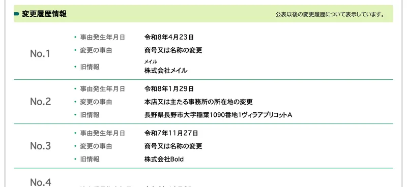 変更履歴情報として、令和8年4月23日に株式会社メイルから商号変更、令和8年1月29日に長野県長野市から本店移転、令和7年11月27日に株式会社Boldから商号変更と並ぶ国税庁の法人番号公表サイト