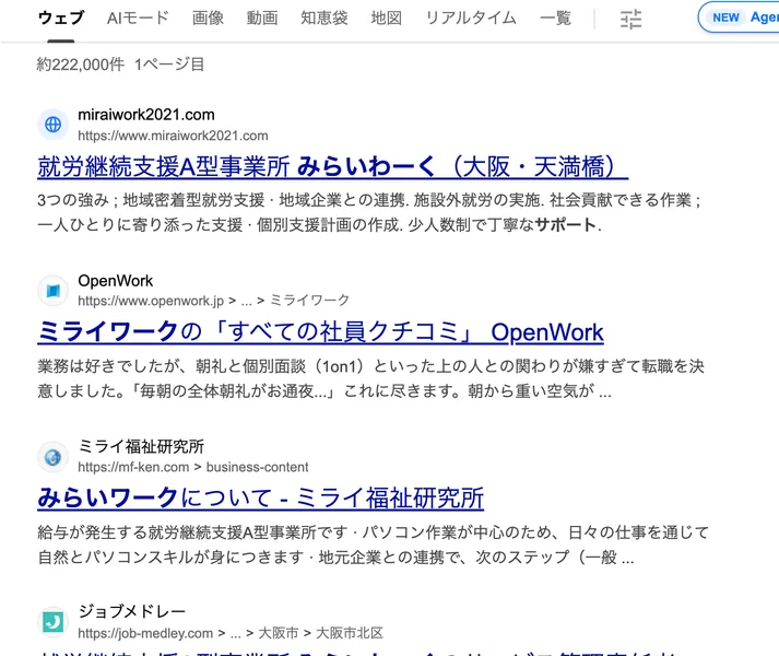 「みらいわーくサポート 稼げた」で検索した結果の画面。就労継続支援A型事業所みらいわーく、転職のクチコミサイト、ミライ福祉研究所など、別の会社のページばかりが並んでいる