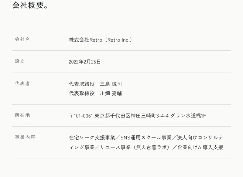 株式会社Retroの会社概要。設立2022年2月25日、代表取締役三島誠司と川畑亮輔、所在地は東京都千代田区神田三崎町、事業内容に在宅ワーク支援事業とSNS運用スクール事業がある