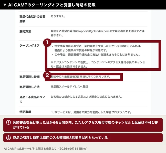 クーリングオフは契約書面を受領した日から8日間以内、ただしコンテンツへのアクセス権付与後のキャンセル・返金はお受けできません、商品引渡し時期は初回のご入金確認後3営業日以内と書かれた記載
