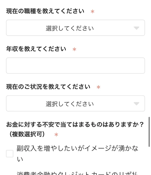 現在の職種、年収を教えてください、現在のご状況、お金に対する不安で当てはまるものはありますかという設問と、副収入を増やしたいがイメージが湧かない、消費者金融やクレジットカードのリボ払いの返済をしたいという選択肢