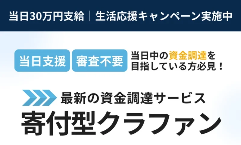 当日30万円支給、生活応援キャンペーン実施中、当日支援、審査不要、最新の資金調達サービス寄付型クラファンと書かれた広告の最上部