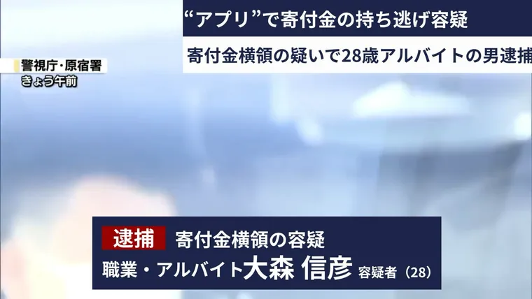 「逮捕 寄付金横領の容疑 職業・アルバイト 大森 信彦 容疑者(28)」というテロップが入った、寄付タウンから送られてくるニュース風の動画。人物の顔はぼかしてある