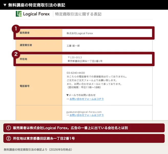 特定商取引法に関する表記として、販売業者は株式会社Logical Forex、運営責任者は工藤総一郎、所在地は東京都墨田区錦糸一丁目2番1号と並んだページ