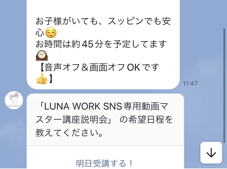 お子様がいてもスッピンでも安心、お時間は約45分を予定してます、音声オフ&画面オフOKですと書かれたルナワークの説明会の案内