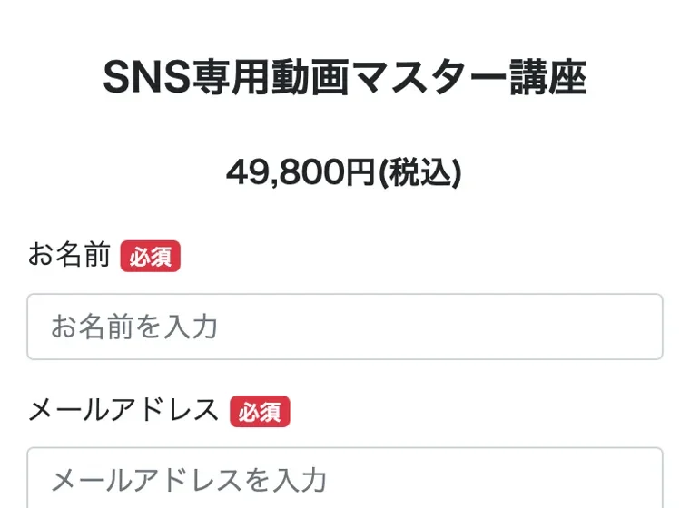 SNS専用動画マスター講座49,800円(税込)と表示され、お名前・メールアドレス・カード番号の入力欄が並ぶルナワークの申し込み画面