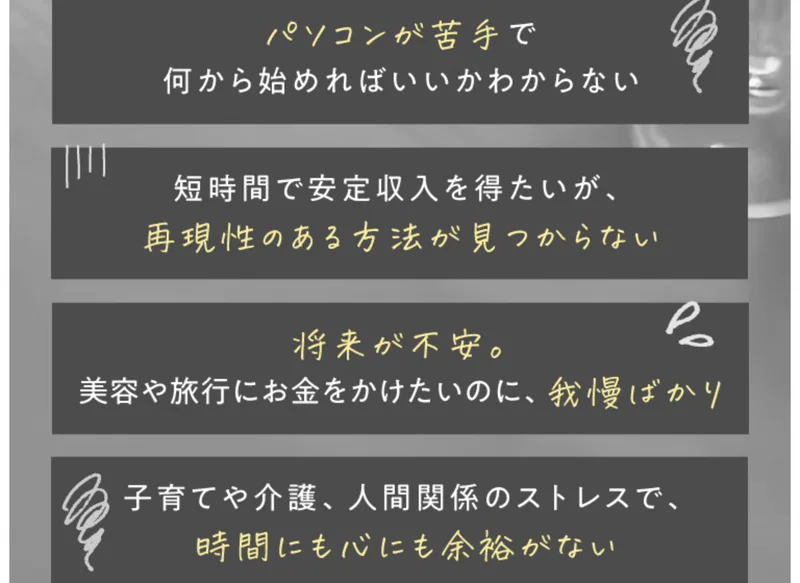 パソコンが苦手で何から始めればいいかわからない、短時間で安定収入を得たいが再現性のある方法が見つからないなどの悩みが並ぶ広告