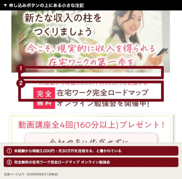 未経験から時給3,000円・月30万円を目指せる、完全無料の在宅ワーク完全ロードマップと書かれた注記