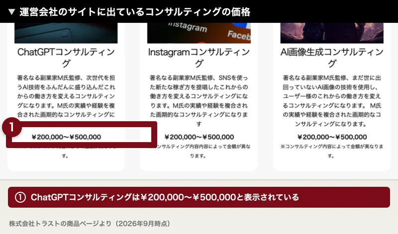 株式会社トラストの商品ページに、ChatGPTコンサルティングは著名なる副業家M氏監修と説明され、¥200,000〜¥500,000と表示されている