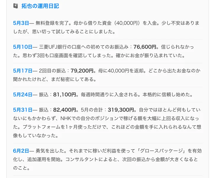 三菱UFJ銀行の口座への初めての振込は76,600円だったと書かれた運用日記