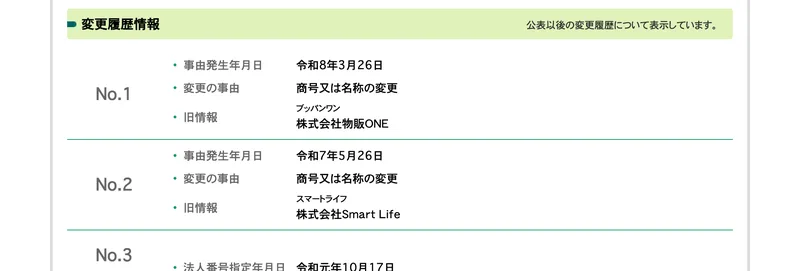 変更履歴情報として、令和8年3月26日に株式会社物販ONEから商号変更、令和7年5月26日に株式会社Smart Lifeから商号変更、令和元年10月17日に法人番号指定と並ぶ国税庁の法人番号公表サイト