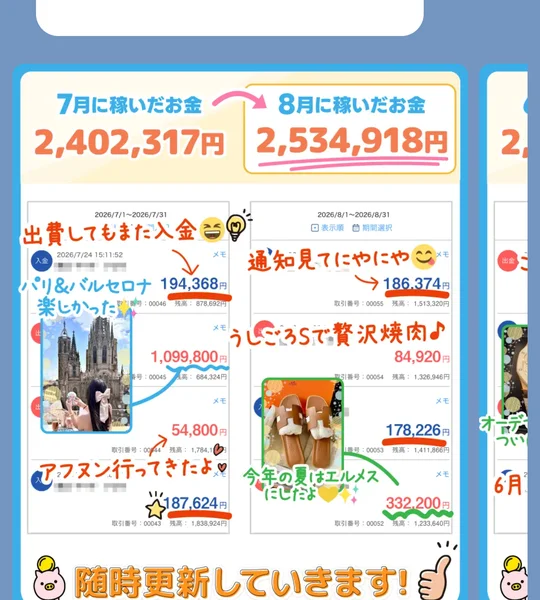 7月に稼いだお金2,402,317円、8月に稼いだお金2,534,918円という表示と、4月から8月の振込履歴とされる画像が並ぶ株式会社MUSEのお試し体験の画面