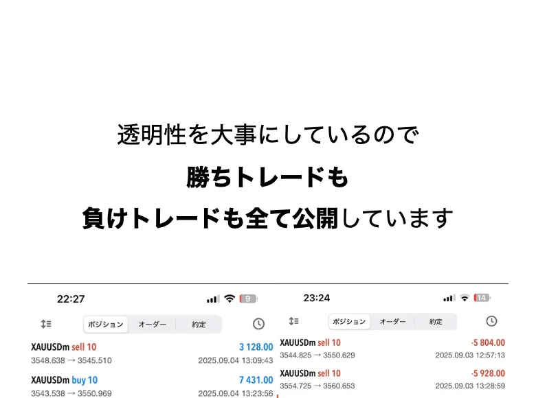 透明性を大事にしているので勝ちトレードも負けトレードも全て公開していますという文字と、勝ちと負けの取引画面が2枚並んだ広告ページ