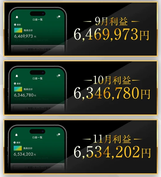 9月利益6,469,973円、10月利益6,346,780円、11月利益6,534,202円と並んだ広告の実績欄