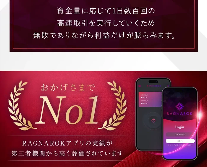 「おかげさまでNo1 RAGNAROKアプリの実績が第三者機関から高く評価されています」として、アプリ再現性No1・高速取引精度No1・リスク管理設計No1と3つの円が並んだ広告