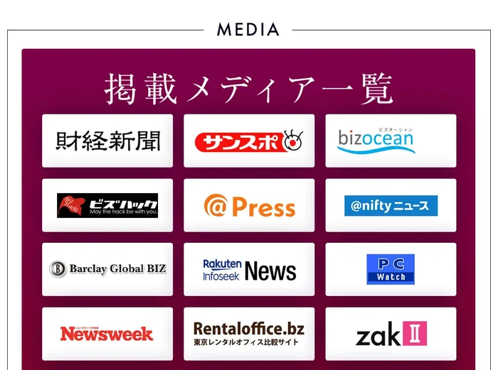 掲載メディア一覧として、財経新聞、サンスポ、bizocean、ビズハック、@Press、@niftyニュース、Newsweekなどのロゴが並んだ広告
