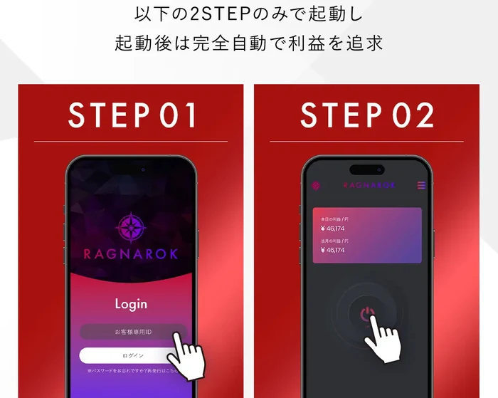「以下の2STEPのみで起動し、起動後は完全自動で利益を追求」の見出しの下に、STEP01として専用ユーザーIDを入力するログイン画面、STEP02として起動ボタンをタップする画面が並んだ広告