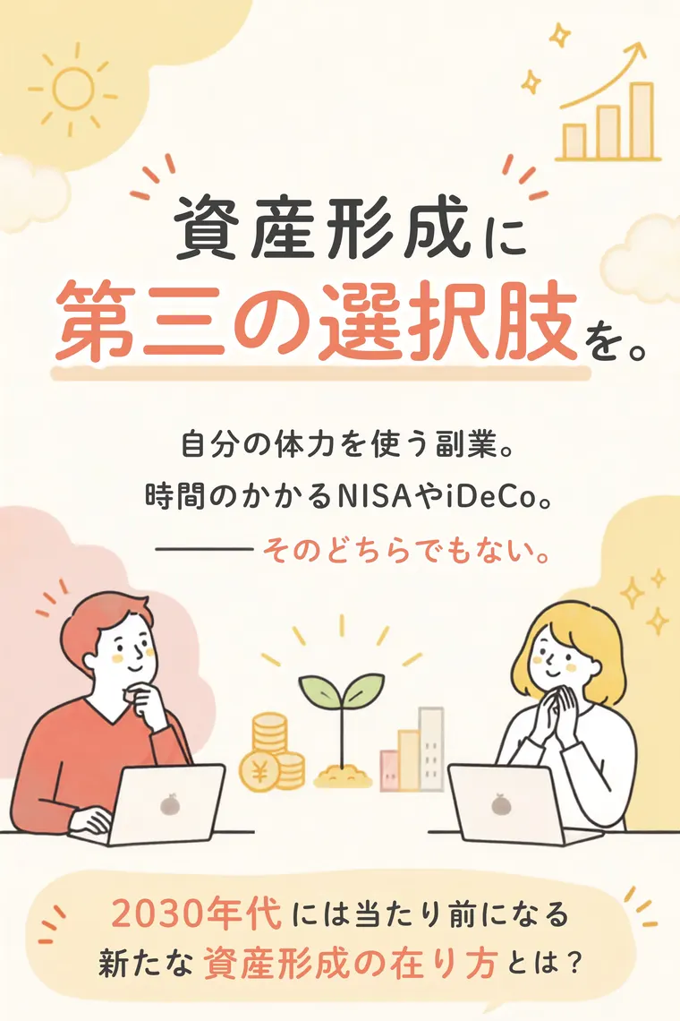 「資産形成に第三の選択肢を。」の見出しと「自分の体力を使う副業。時間のかかるNISAやiDeCo。そのどちらでもない。」「2030年代には当たり前になる新たな資産形成の在り方とは？」と書かれた広告の冒頭