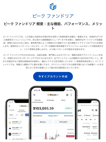ピーク ファンドリア概要、主な機能、パフォーマンス、メリットと書かれ、今すぐアカウント作成のボタンが並んだサイトの冒頭