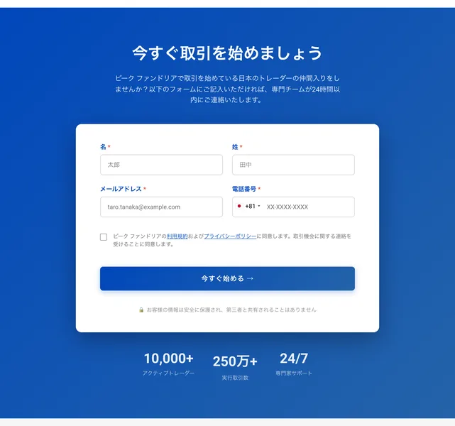 今すぐ取引を始めましょうの見出しの下に、名・姓・メールアドレス・電話番号の入力欄と、専門チームが24時間以内にご連絡いたしますという説明が並んだ登録フォーム