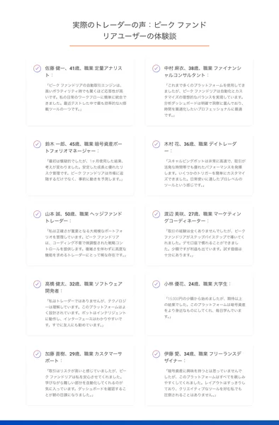 実際のトレーダーの声として、佐藤健一41歳、中村麻衣38歳、鈴木一郎45歳などの体験談が並んだページ