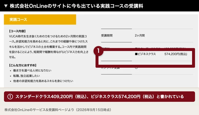 実践コースの受講料としてスタンダードクラス409,200円、ビジネスクラス574,200円と書かれた株式会社OnLineのサービスと受講料のページ