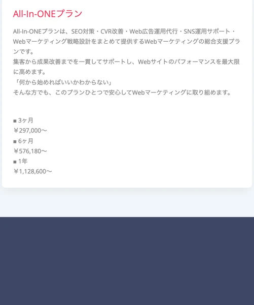 株式会社REDの会社サイトの料金ページ。All-In-ONEプランは3ヶ月297,000円から、1年1,128,600円からと書かれている