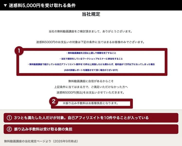 迷惑料5000円のお支払いの対象は下記の条件に当てはまるお客様のみでございますと書かれた当社規定のページ