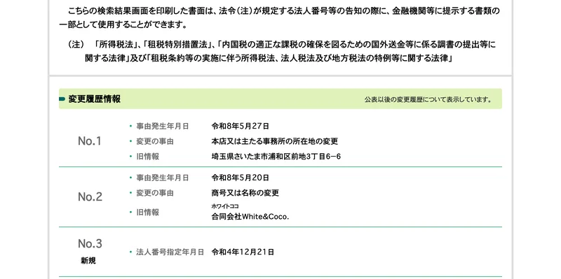 国税庁法人番号公表サイトの変更履歴情報。令和8年5月27日に本店又は主たる事務所の所在地の変更、旧情報は埼玉県さいたま市浦和区前地3丁目6-6、令和8年5月20日に商号又は名称の変更、旧情報は合同会社White&Coco.と表示されている