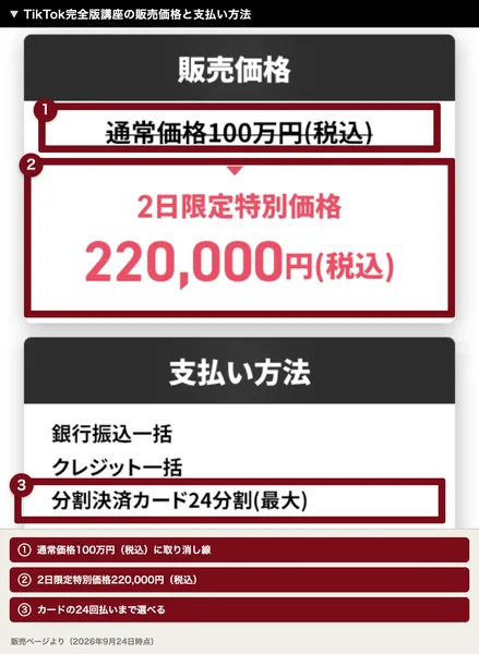 TikTok完全版講座の申し込みページ。通常価格100万円(税込)に取り消し線が引かれ、2日限定特別価格220,000円(税込)、支払い方法は銀行振込一括、クレジット一括、分割決済カード24分割(最大)と書かれている