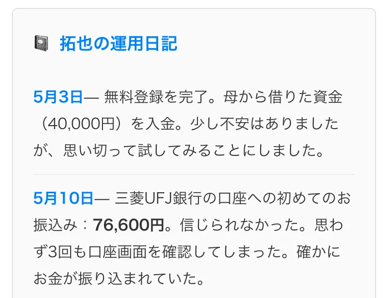 拓也の運用日記として、5月3日に無料登録を完了し母から借りた資金40,000円を入金、5月10日に三菱UFJ銀行の口座への初めての振込76,600円と書かれた記事