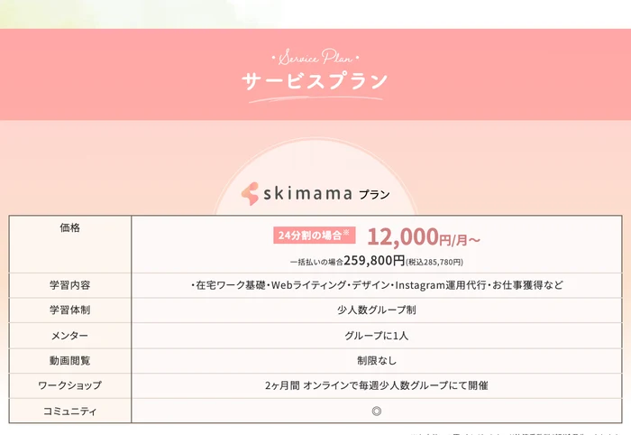 スキママの公式サイトのサービスプラン。24分割の場合12,000円/月〜、一括払いの場合259,800円（税込285,780円）、ワークショップは2ヶ月間オンラインで毎週少人数グループにて開催の行が入った表