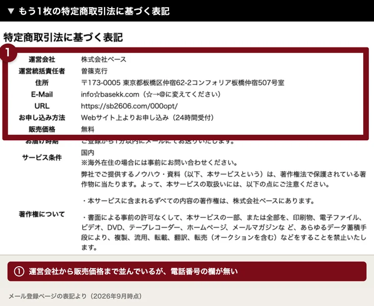 特定商取引法に基づく表記に運営会社、運営統括責任者、住所、E-Mail、URL、お申し込み方法、販売価格が並んでいて、電話番号の欄が無い