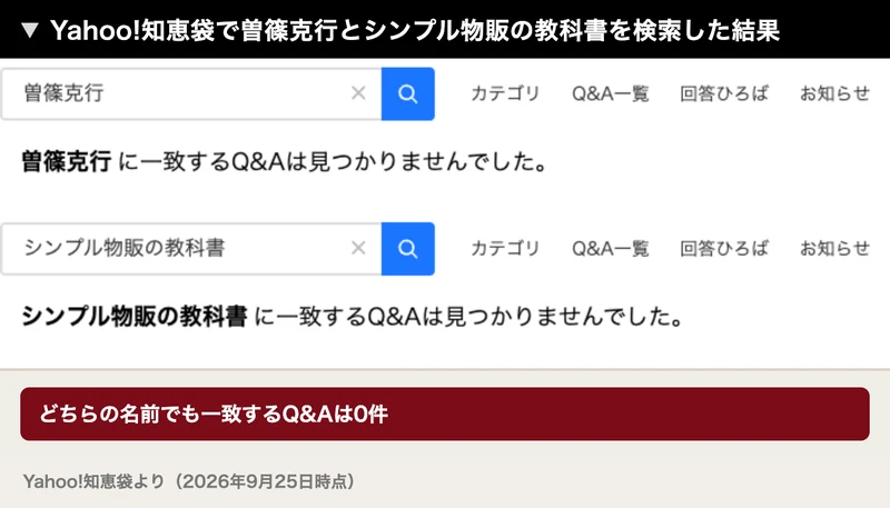 Yahoo!知恵袋で曽篠克行とシンプル物販の教科書を検索し、どちらも一致するQ&Aは見つかりませんでしたと表示された画面