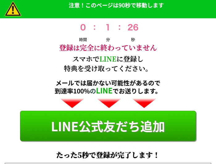 「注意！このページは90秒で移動します」の帯と残り時間の表示。「登録は完全に終わっていません」「メールでは届かない可能性があるので到達率100%のLINEでお送りします」と書かれ、LINE公式友だち追加のボタンとQRコードが並ぶ