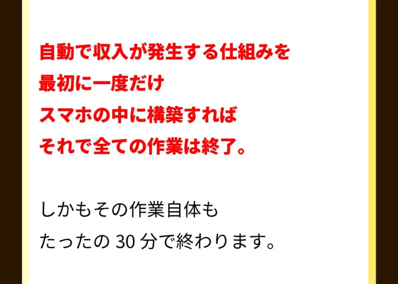 ウェルシェアの広告ページに、自動で収入が発生する仕組みを最初に一度だけスマホの中に構築すればそれで全ての作業は終了、しかもその作業自体もたったの30分で終わりますと書かれている